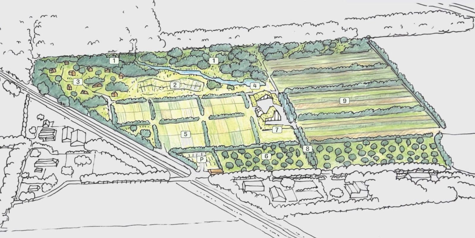 Ontwerptekening van het perceel aan de Tiendweg, met genummerde plekken: voedselbos, kruidentuin, tiny houses, natuurbelevingsplek, zelfoogsttuin, boomgaard, erf, notenlaan en agroforestry